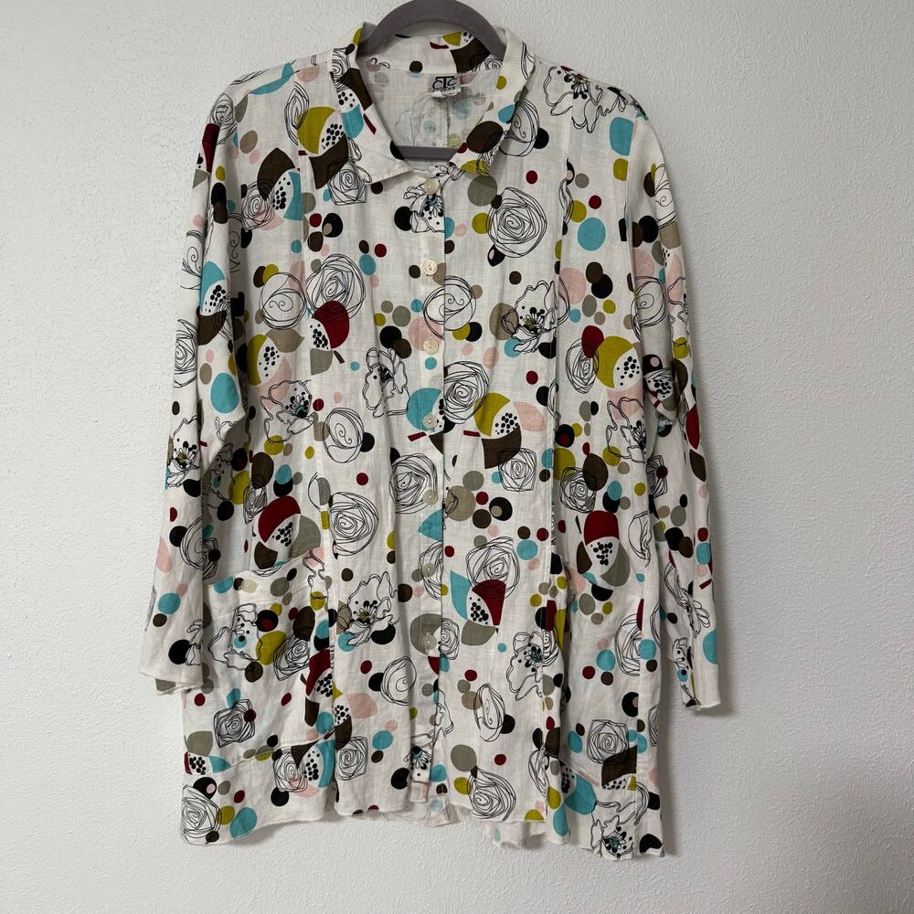 CTC Women's 100%Linen Lagenlook Front Pockets Long Sleeve Tunic Top Size Large